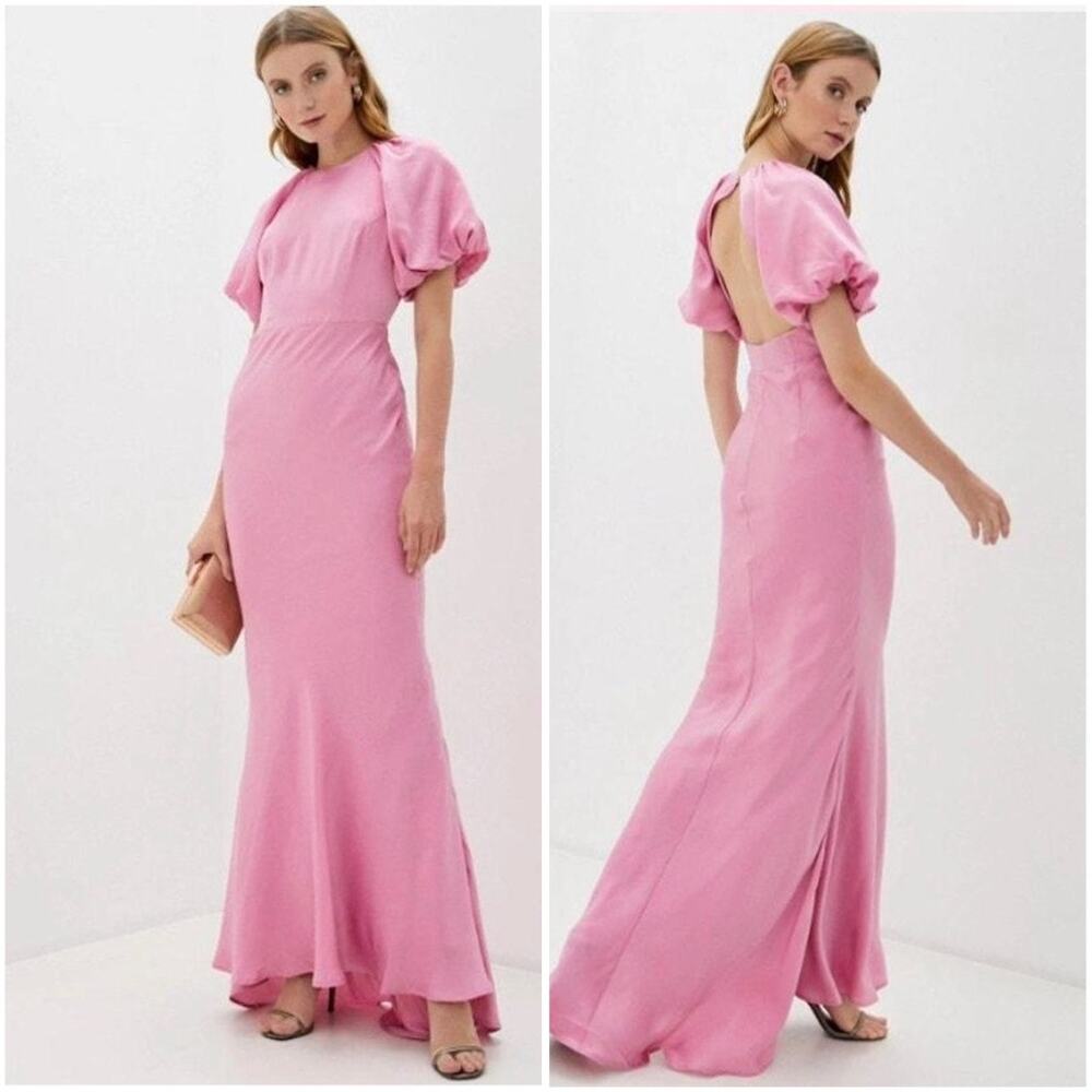 True Decadence Satin Maxi Dress Puff Sleeve Cut Out Formal Gown Wedding Guest